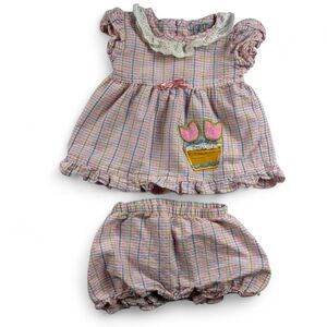 Vintage Baby Girl Plaid Outfit Set 3-6 Months Pink Blue Romper Bloomer Hearts